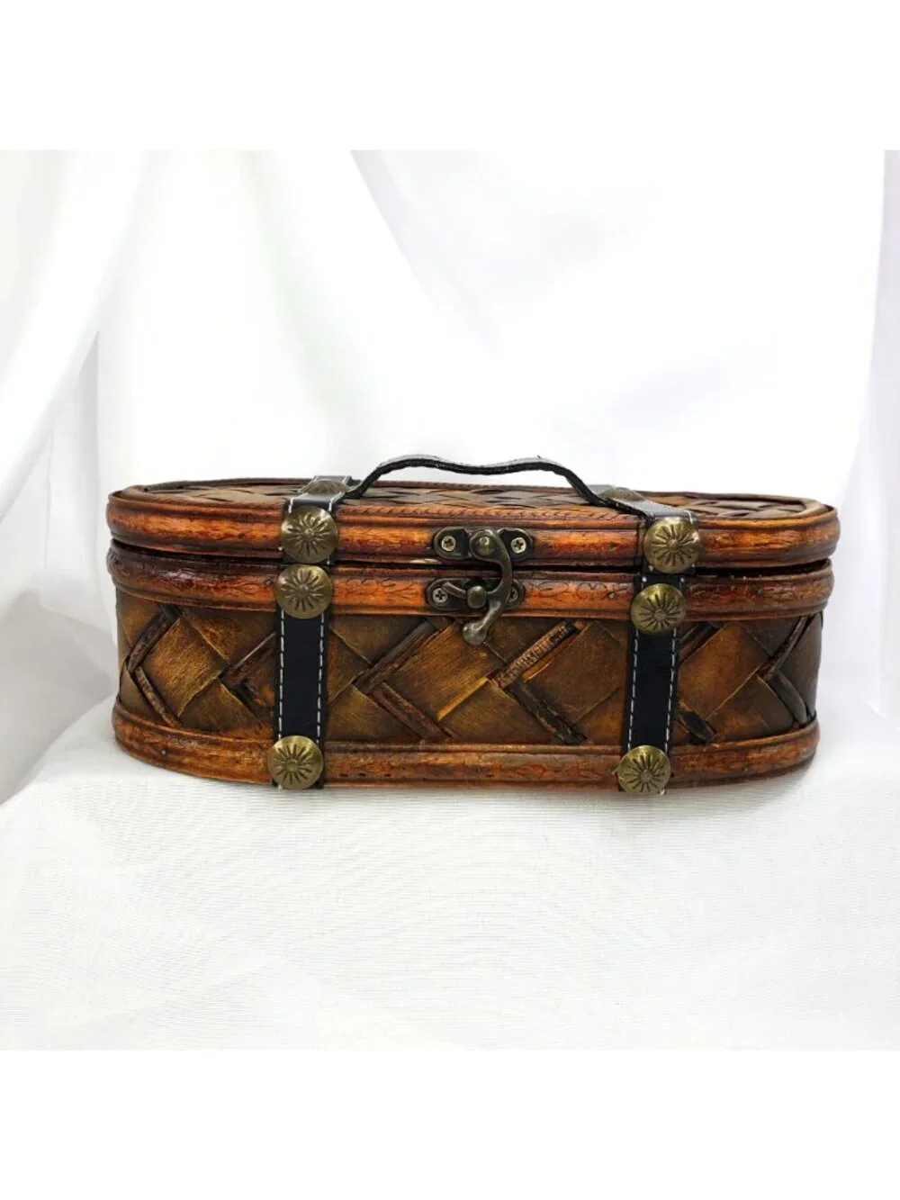 Vintage Wooden Woven Storage Basket With Leather Straps & Metal Accents 10